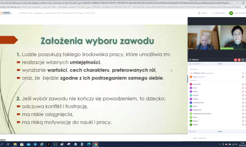 zrzut ekranu ze Spotkania online z rodziacami uczniow na zdjeciu Iwona Damiecka i Karol Pufal i fragment prezentacji zalozenia wyboru zawodu