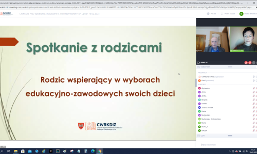 zrzut ekranu ze Spotkania online z rodziacami uczniow na zdjeciu Iwona Damiecka i Karol Pufal