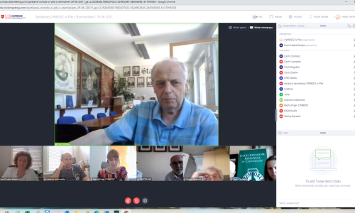 spotkanie cechów rzemiosł róznych z centrum wsparcia w pile w dniu 29.06.2021; spotkanie online, podsumowujące półrocze wspólnych działań; na zdjeciu zrzut ekranu z platformy komunikacji online a na nim przedtawiciele cechów i centrum;