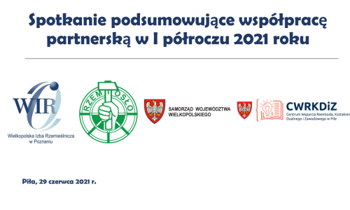 spotkanie cechów rzemiosł róznych z centrum wsparcia w pile w dniu 29.06.2021; spotkanie online, podsumowujące półrocze wspólnych działań; na zdjeciu slajd główny prezentacji